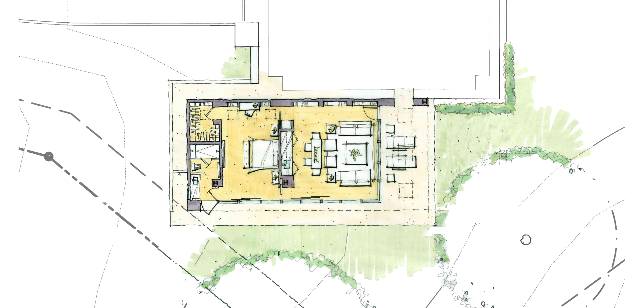 Architectural floor plan and elevation drawings of a modern residential space with open living area, bedroom, and floor-to-ceiling windows, surrounded by landscaped greenery, designed by The Warner Group Architects, Inc.