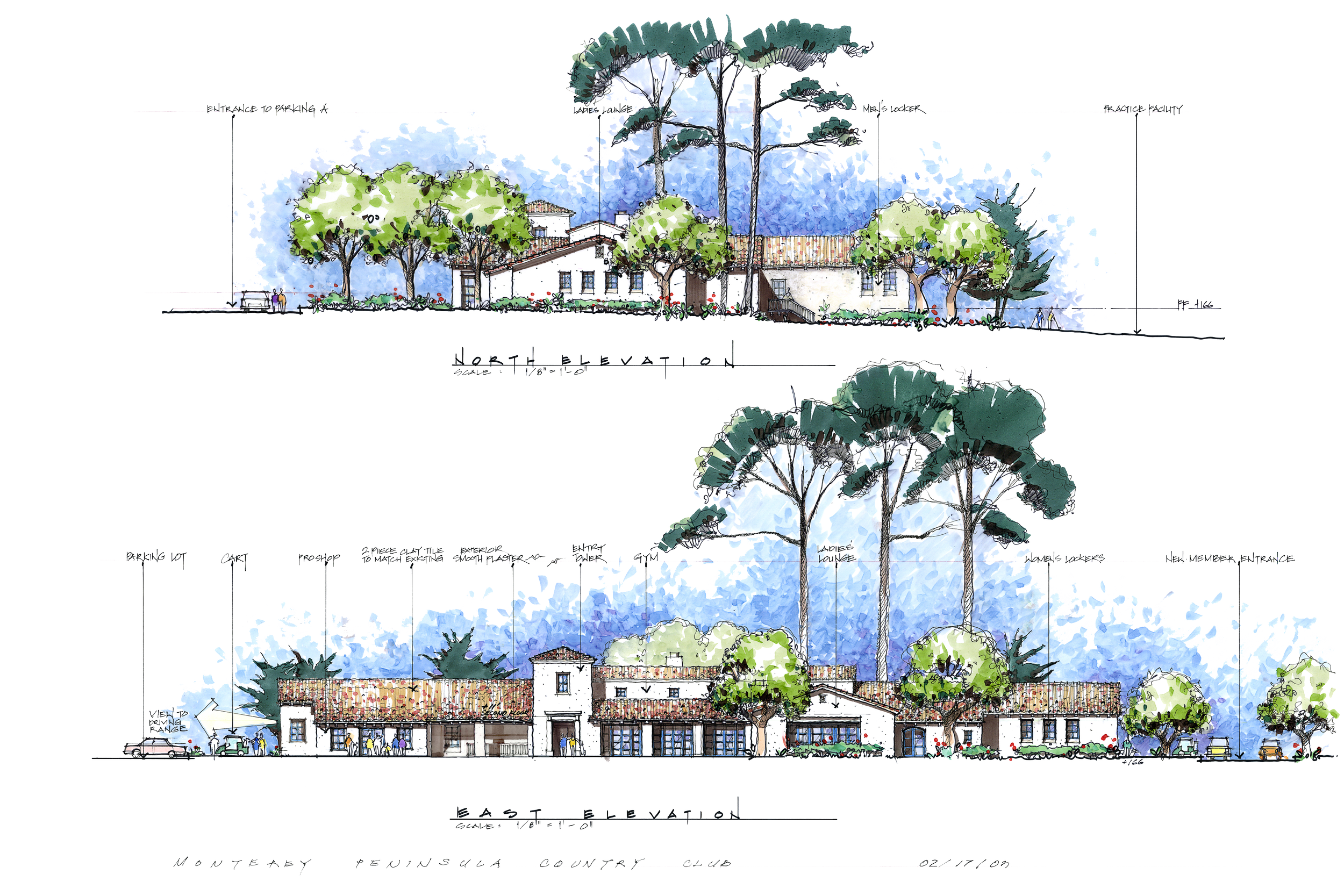 Architectural drawing of the Monterey Peninsula Country Club project, showcasing the north and east elevations with detailed landscape and structural elements.