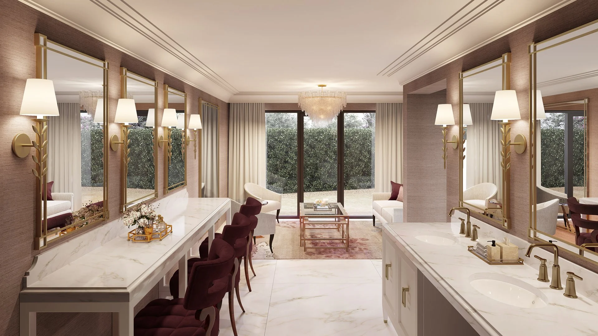 Luxurious powder room and vanity area at Del Paso Country Club, featuring marble countertops, gold fixtures, and elegant lighting design. Interior design by The Warner Group Architects, Inc.