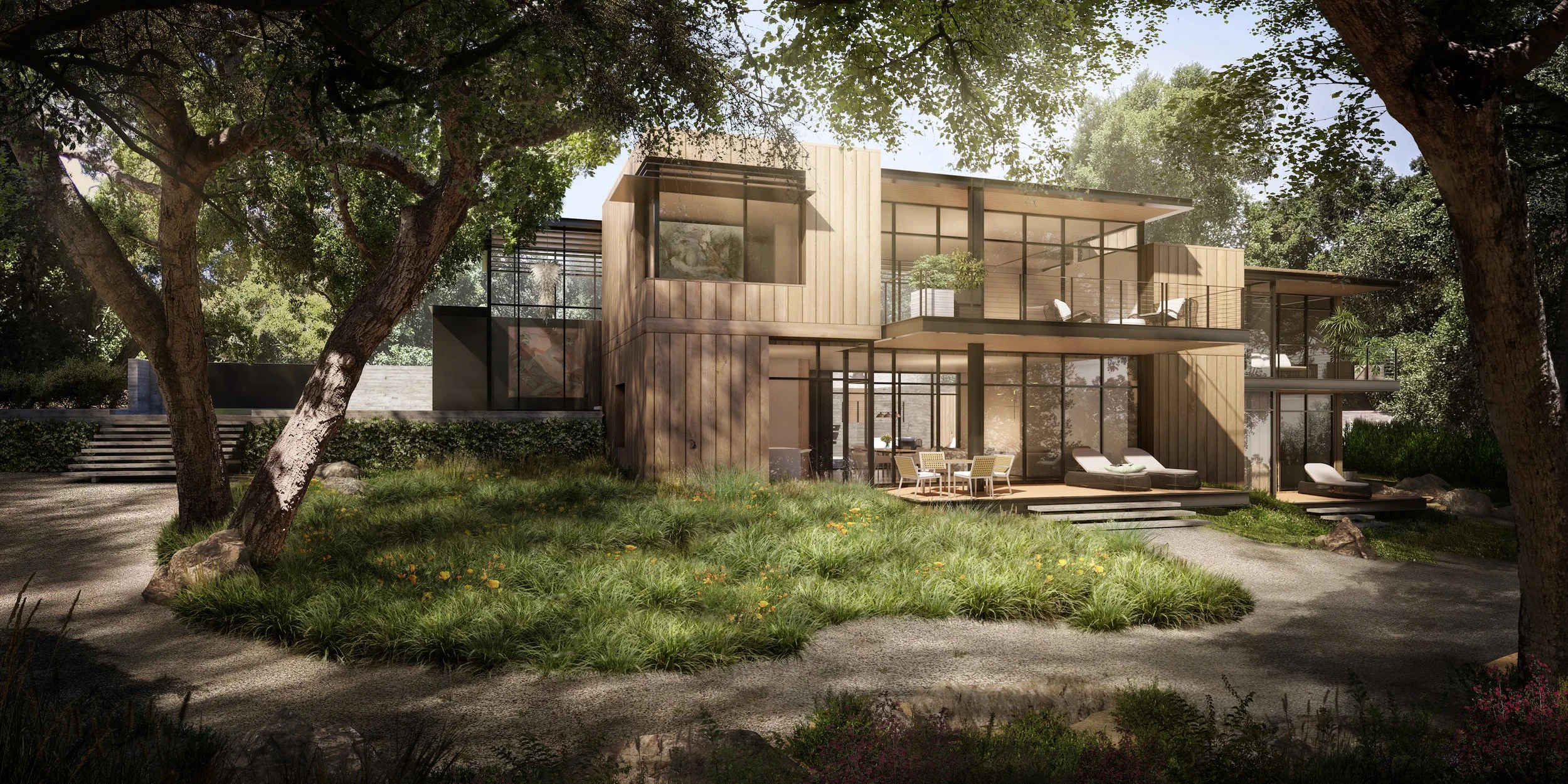 Modern residence set amidst lush surroundings at the East Mountain Drive property, featuring natural wood exterior, expansive glass windows, and open patios that harmonize with the environment.