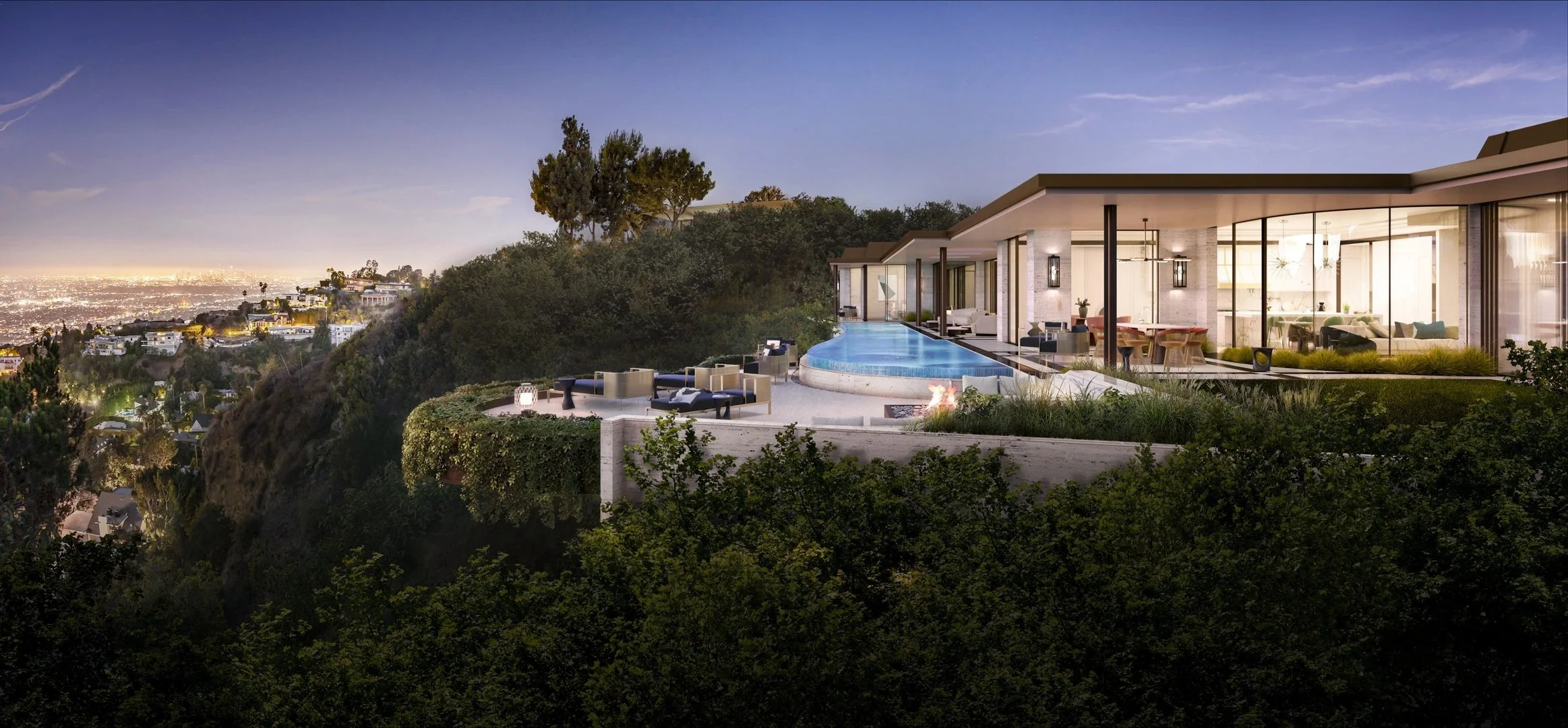 Modern hillside mansion with infinity pool and city skyline view at dusk.