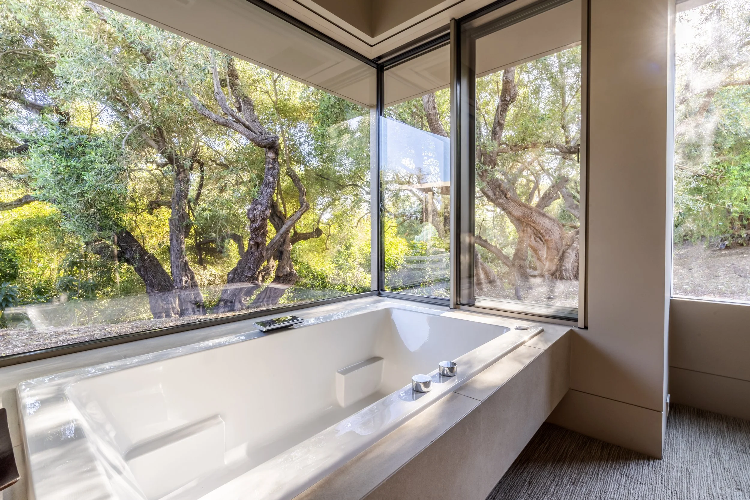 Luxury bathroom at Toro Canyon Residence by The Warner Group Architects, Inc., featuring a modern soaking tub with floor-to-ceiling windows offering serene views of the surrounding natural landscape.