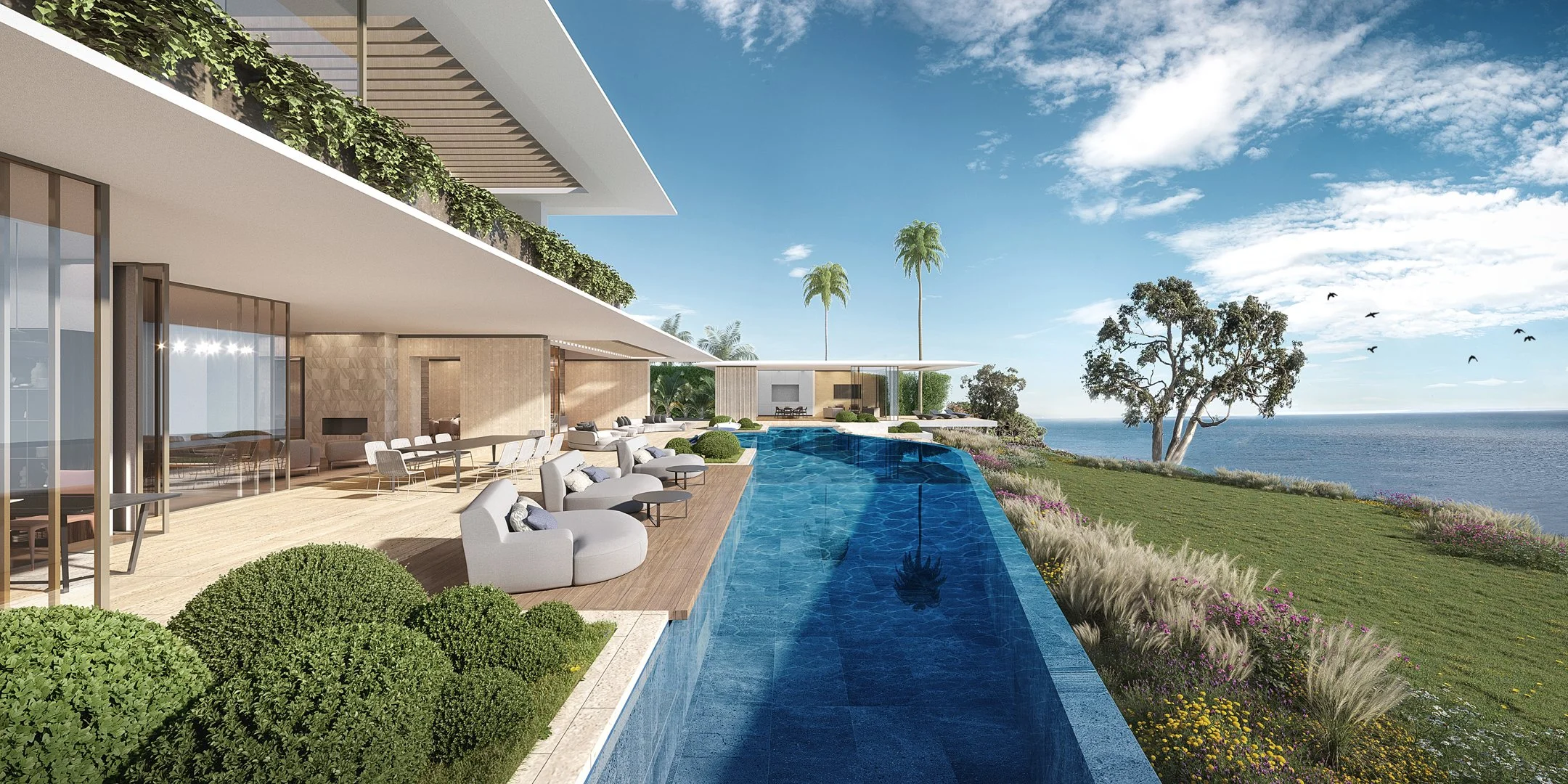 Luxury modern house with ocean view, featuring an infinity pool, outdoor seating, and palm trees.