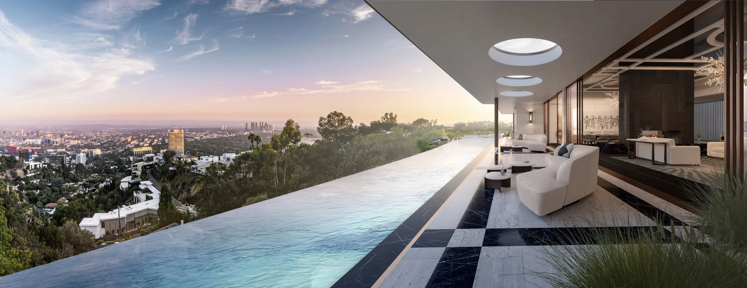 Infinity pool with marble tiles and outdoor seating overlooking a scenic city skyline at sunset, featuring circular skylights above the poolside patio.