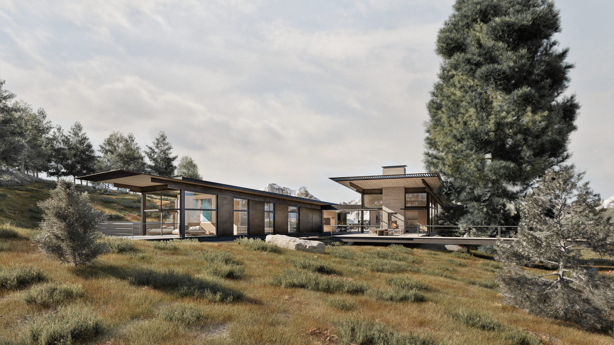 Modern architectural house in a forested landscape with large windows and flat roofs, surrounded by trees and grass.