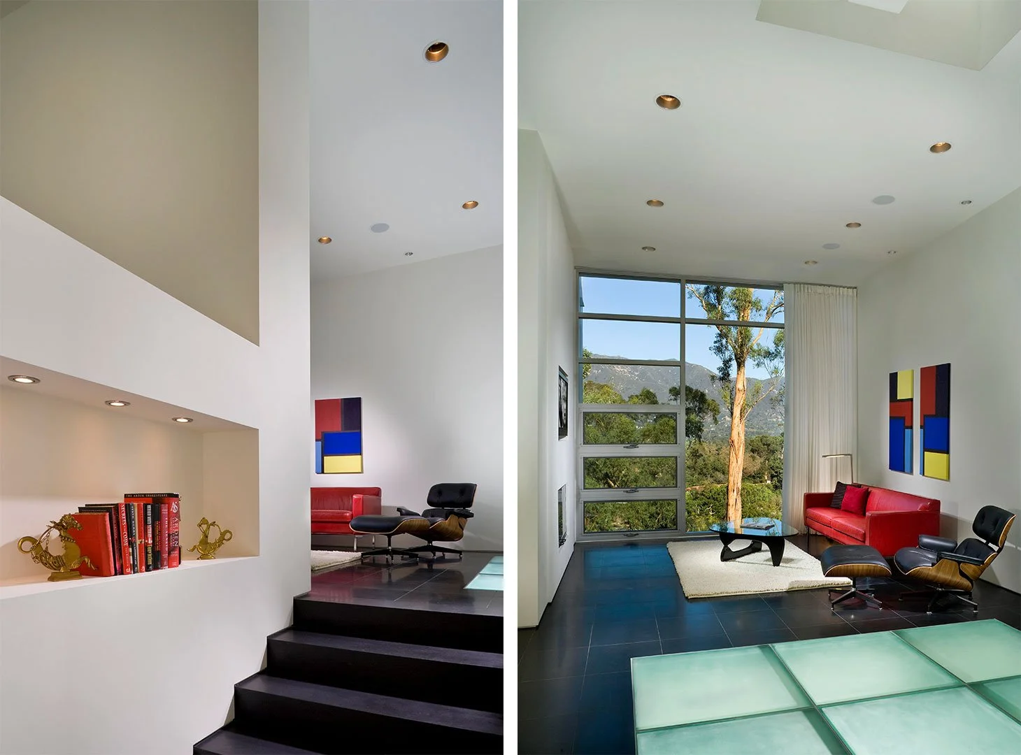 Modern minimalist interior with a sleek built-in bookshelf and Eames lounge chair, featuring clean lines and contemporary artwork.