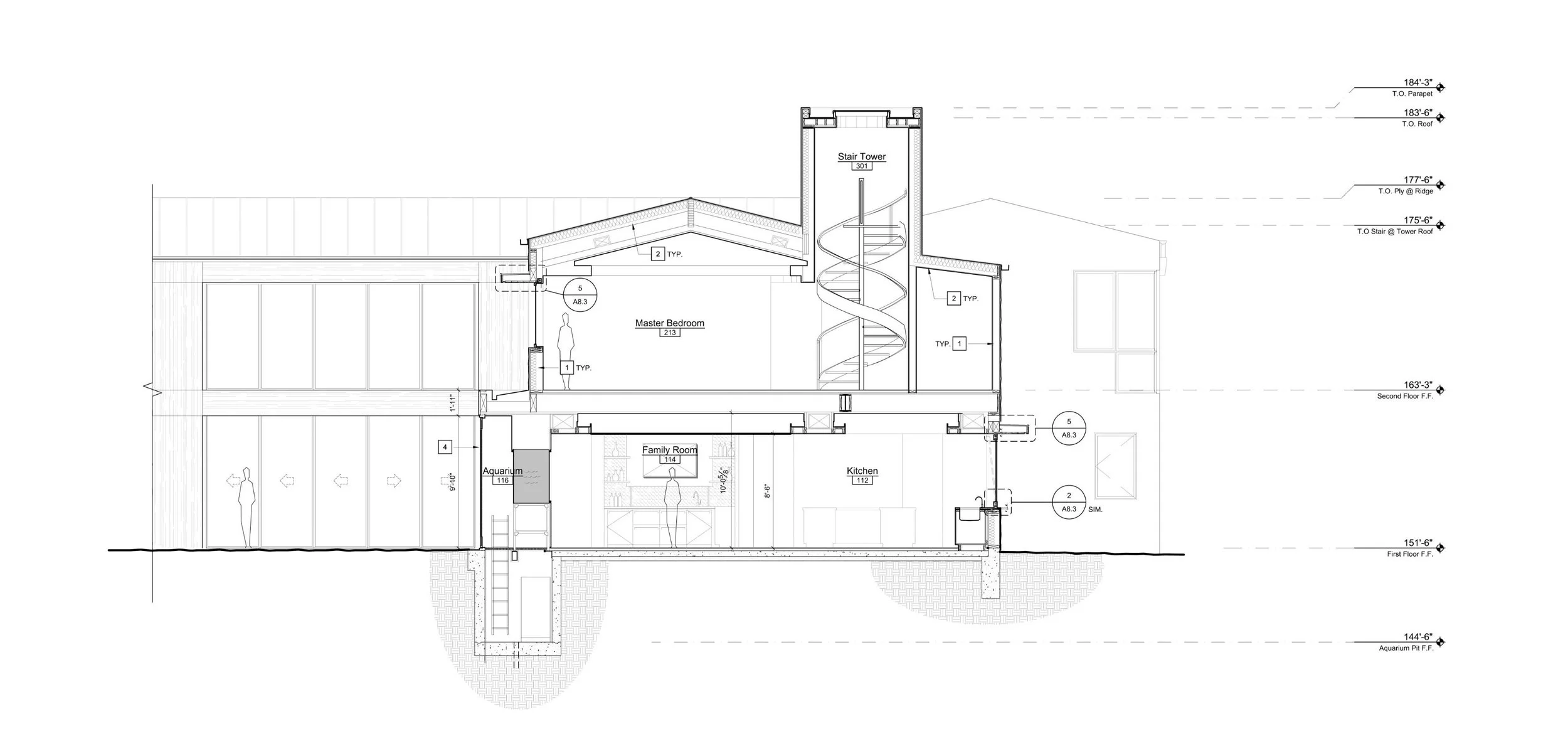 Architectural section drawing showing details of a modern coastal residence design, featuring a spiral staircase tower, master bedroom, aquarium pit, and kitchen layout.