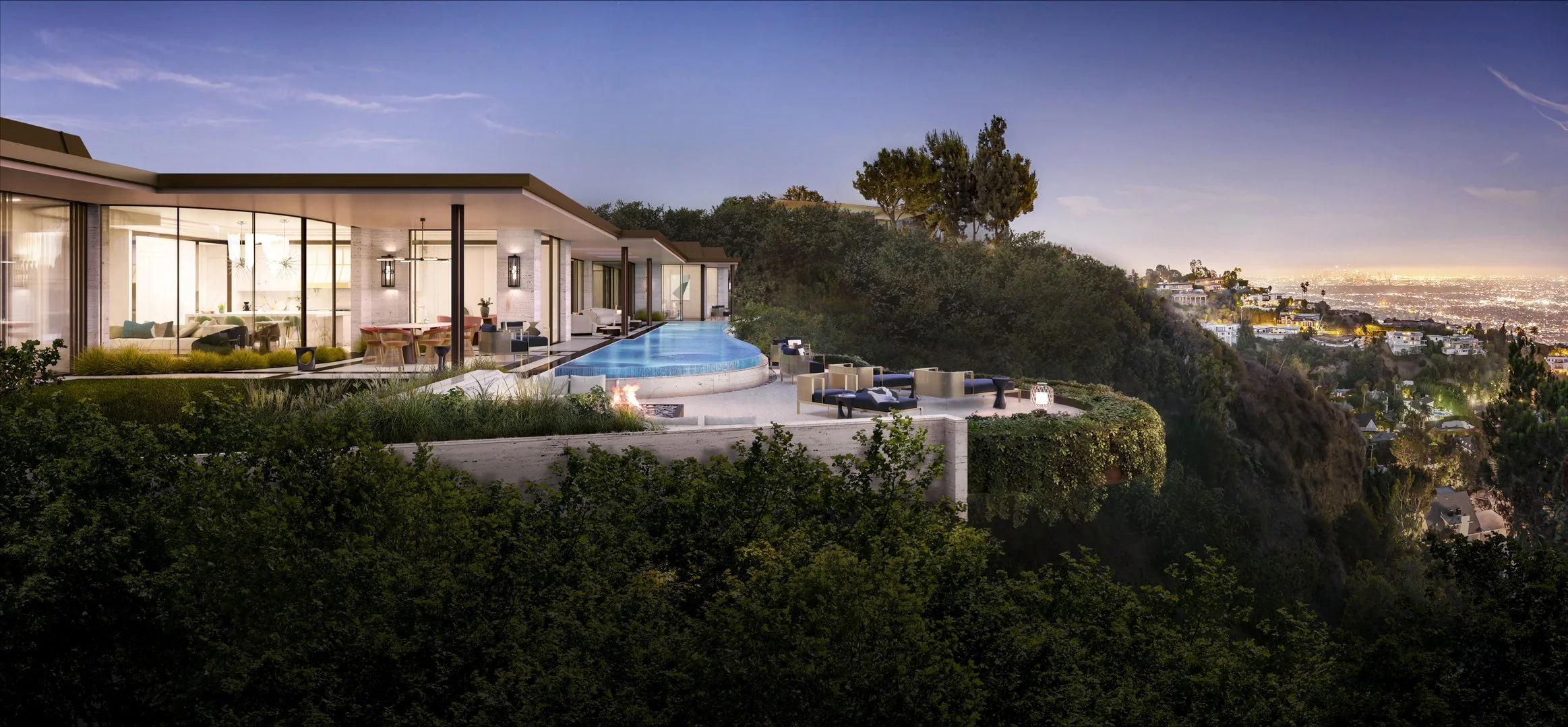 Luxury modern home with infinity pool and expansive outdoor living space designed by The Warner Group Architects, Inc. overlooking a hillside at dusk.