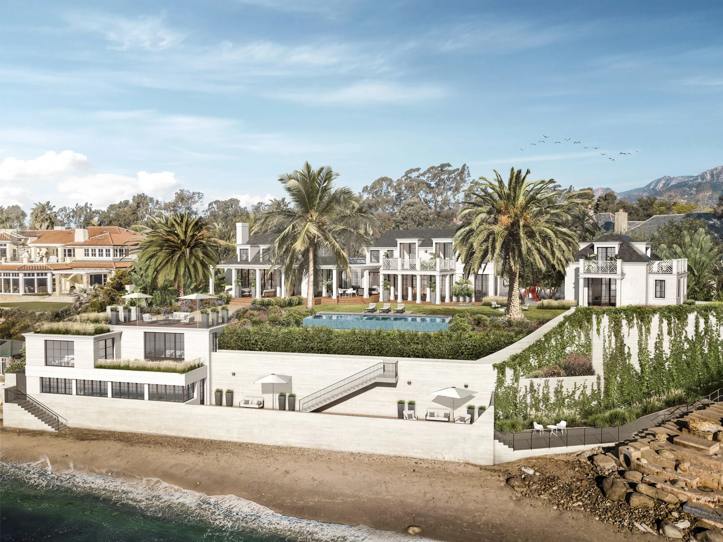 Edgecliff Residence, aerial view showing the luxury coastal home with a seamless blend of modern architecture, outdoor pool, and scenic views of the Pacific Ocean along California's coastline.
