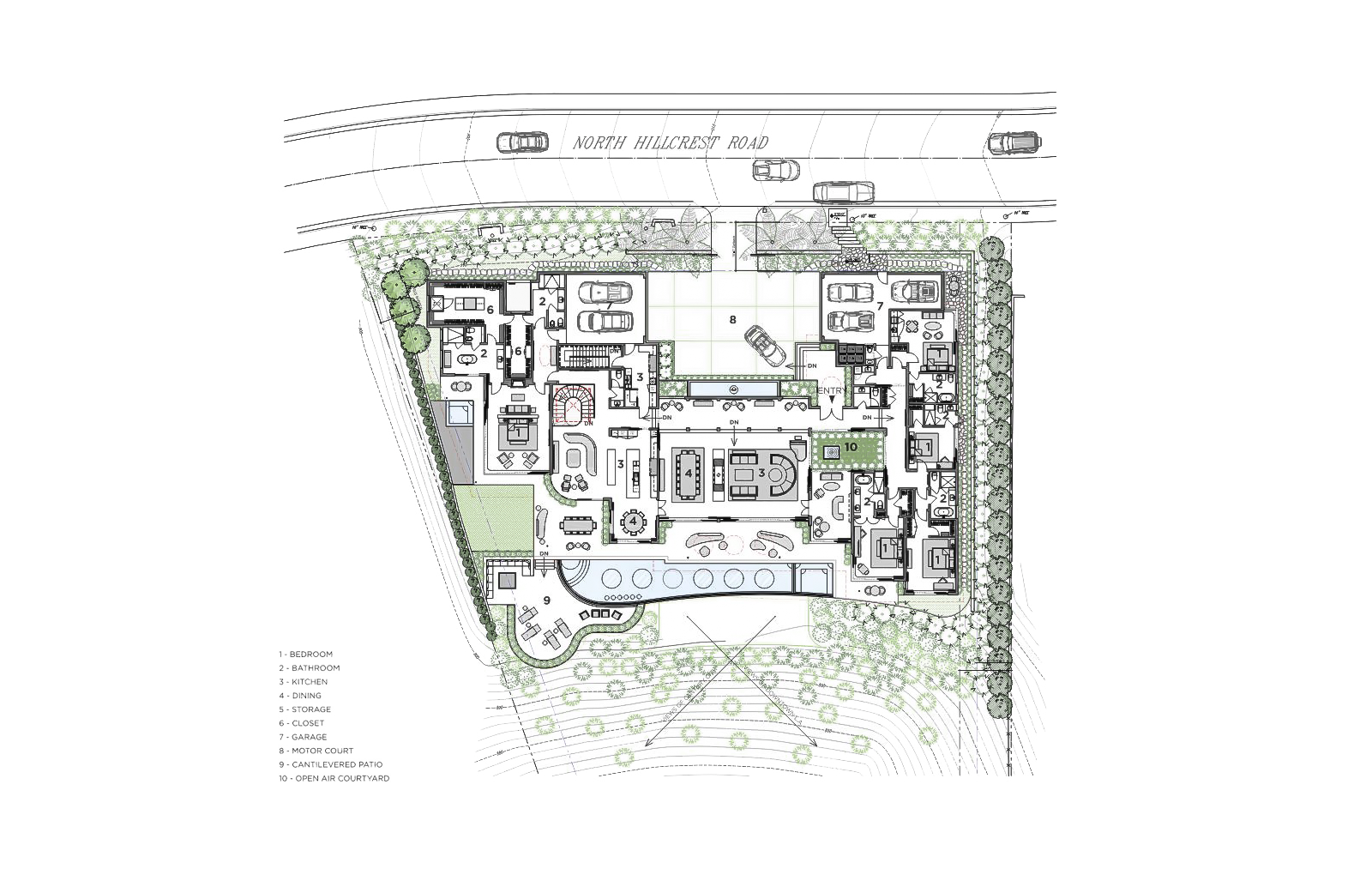 Architectural floor plan of a modern hillside residence designed by The Warner Group Architects, Inc., featuring bedrooms, bathrooms, kitchen, garage, motor court, cantilevered patio, and open air courtyard.