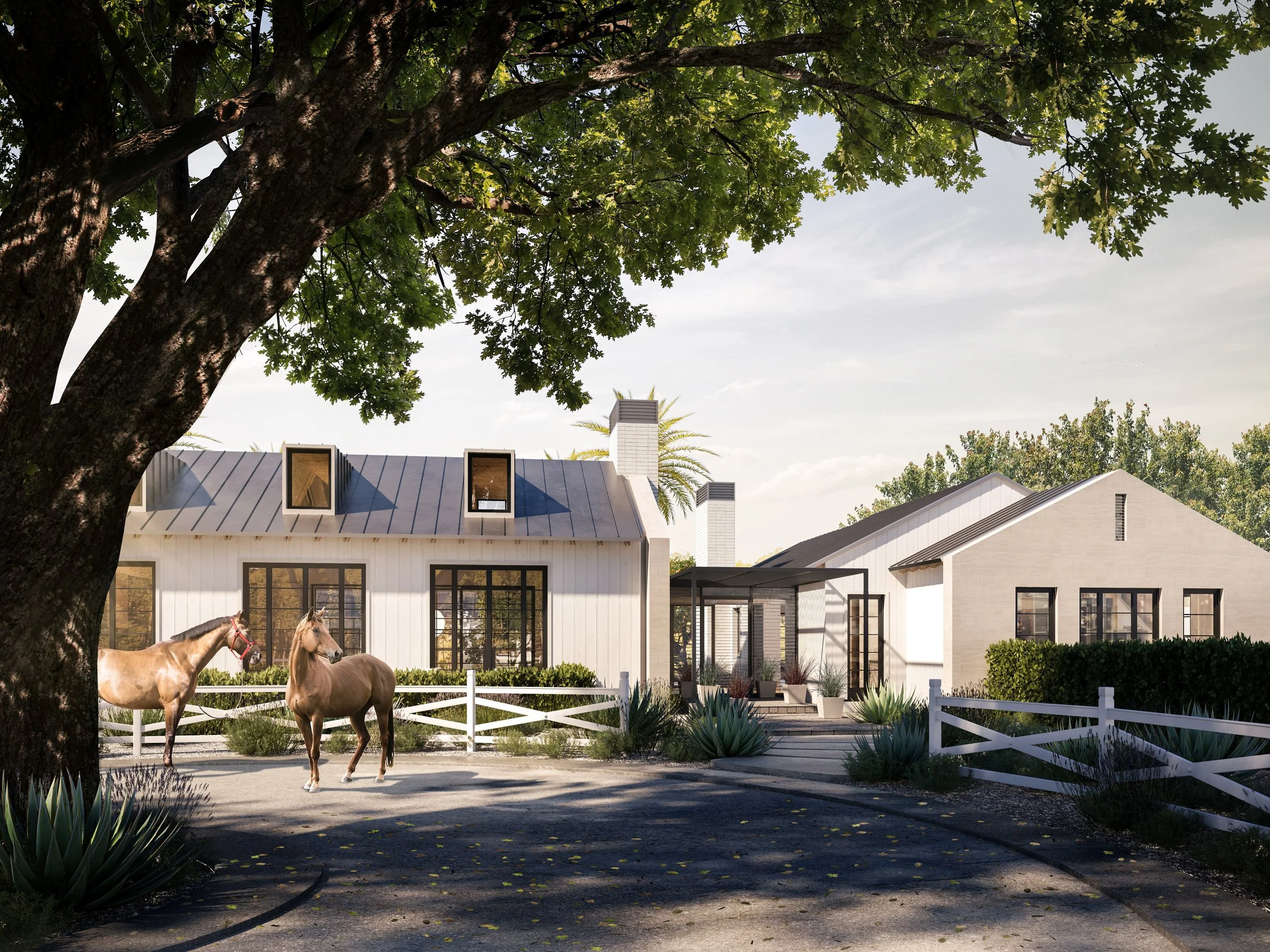 Modern farmhouse with two horses and lush greenery