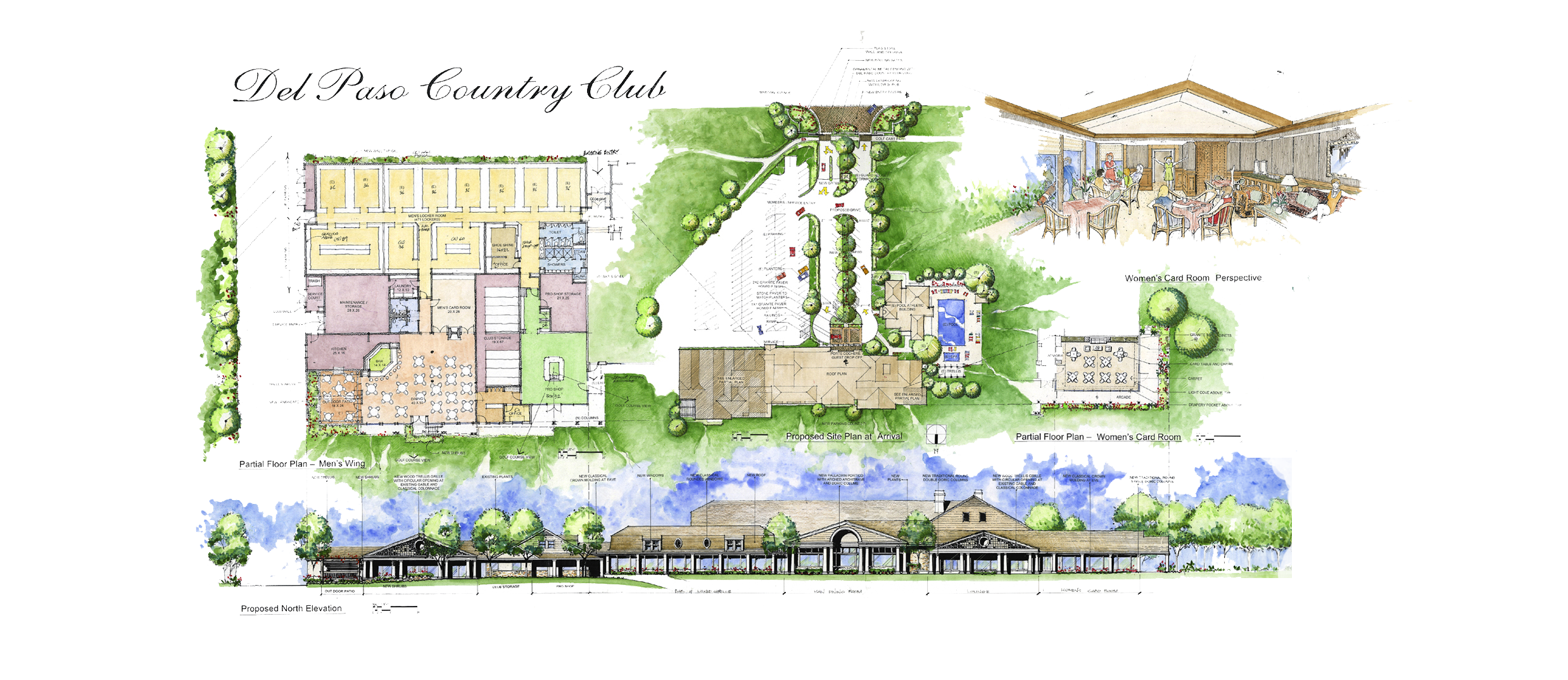 Del Paso Country Club site plan featuring detailed layouts for the men’s wing, women’s card room, proposed site plan, and north elevation, designed by The Warner Group Architects.