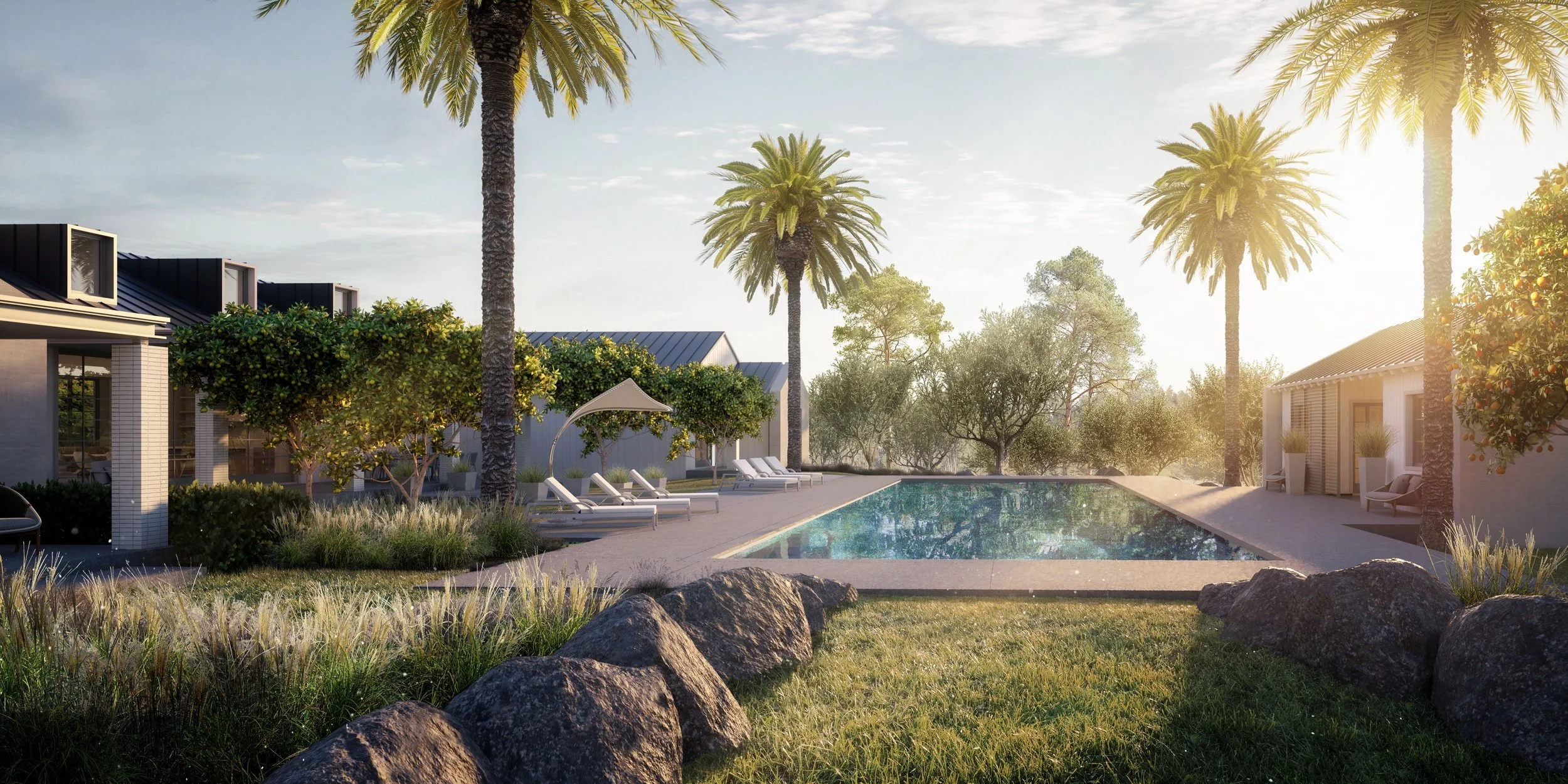 Luxurious outdoor pool area with palm trees and lounge chairs at a resort, surrounded by greenery and modern buildings during sunset.