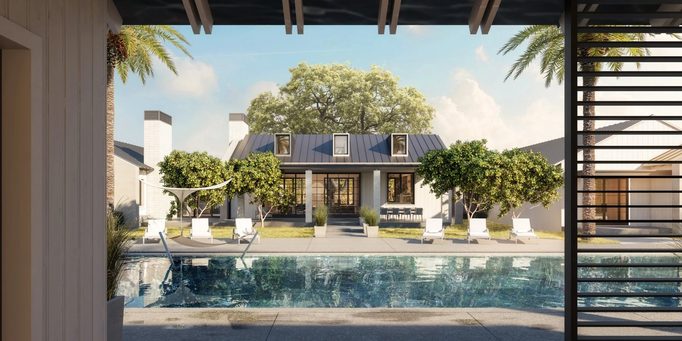 Modern house with pool in backyard, surrounded by greenery and trees, featuring lounge chairs and a hammock.