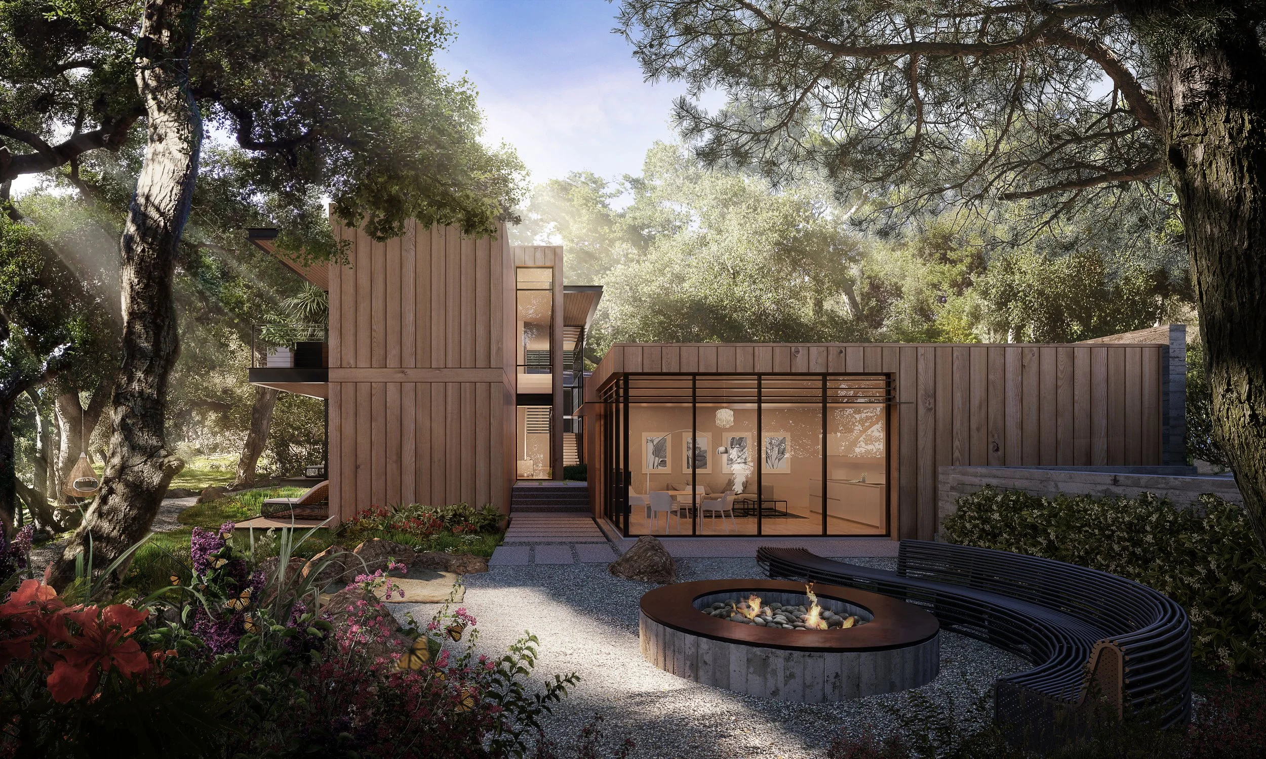 Modernist home nestled among mature oak trees with wooden paneling and large glass walls, featuring a spacious backyard with a firepit at the East Mountain Drive residence.