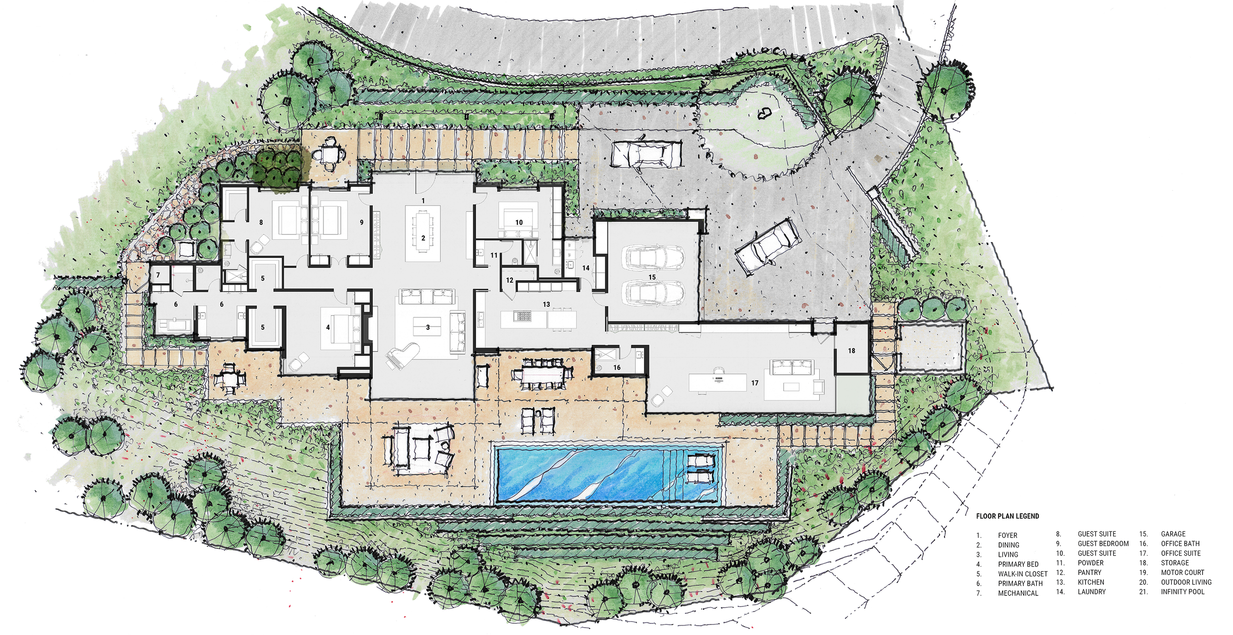 Architectural site plan of Toro Canyon Residence by The Warner Group Architects, Inc., featuring a detailed floor plan layout with labeled rooms, outdoor living areas, and an infinity pool, surrounded by landscaped gardens.