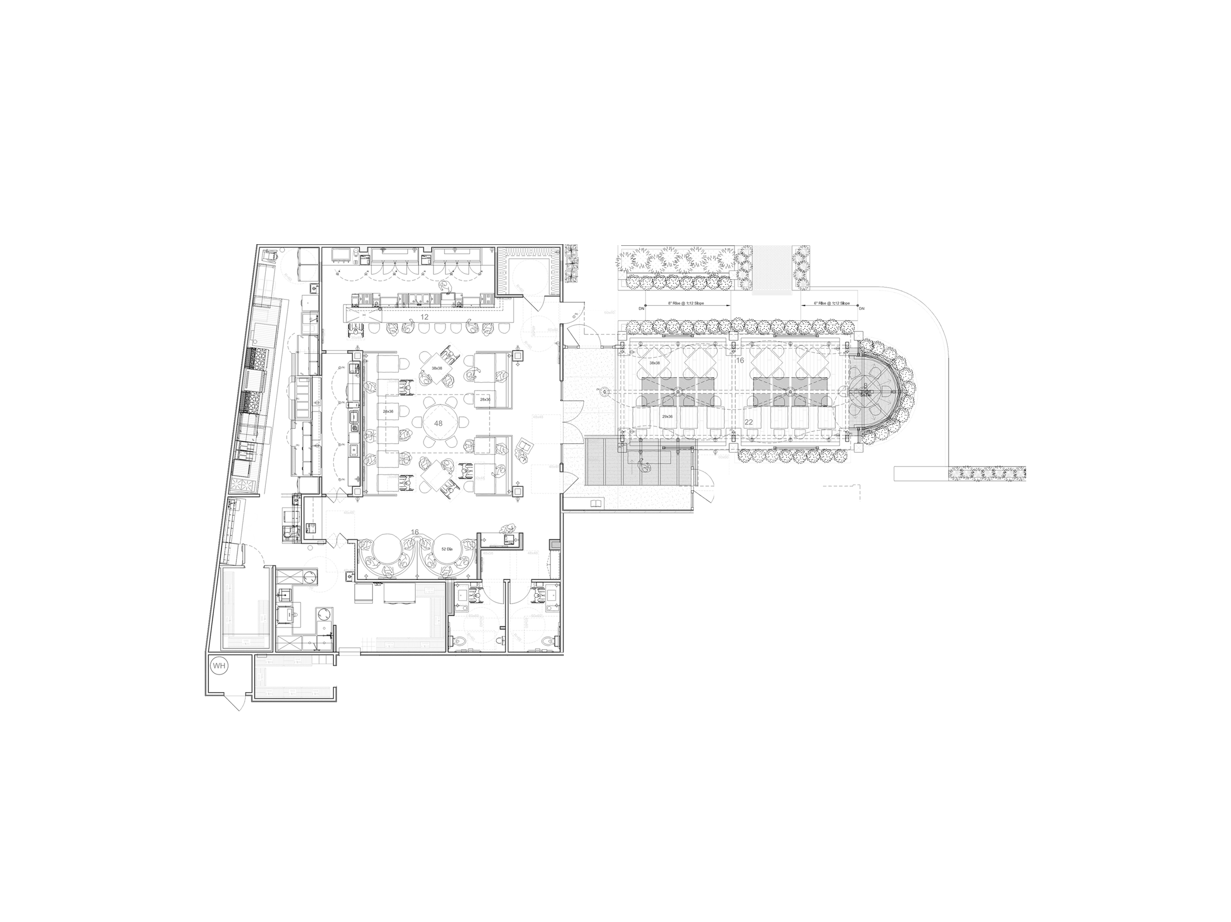 Architectural floor plan of Lucky's Malibu restaurant showing dining areas, kitchen, bar, and outdoor patio seating layout.