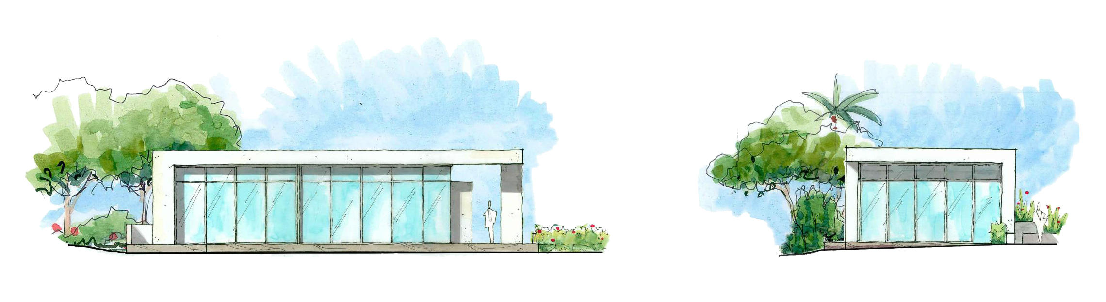 Elevation drawing of a modern residential space with floor-to-ceiling windows, surrounded by landscaped greenery, designed by The Warner Group Architects, Inc.