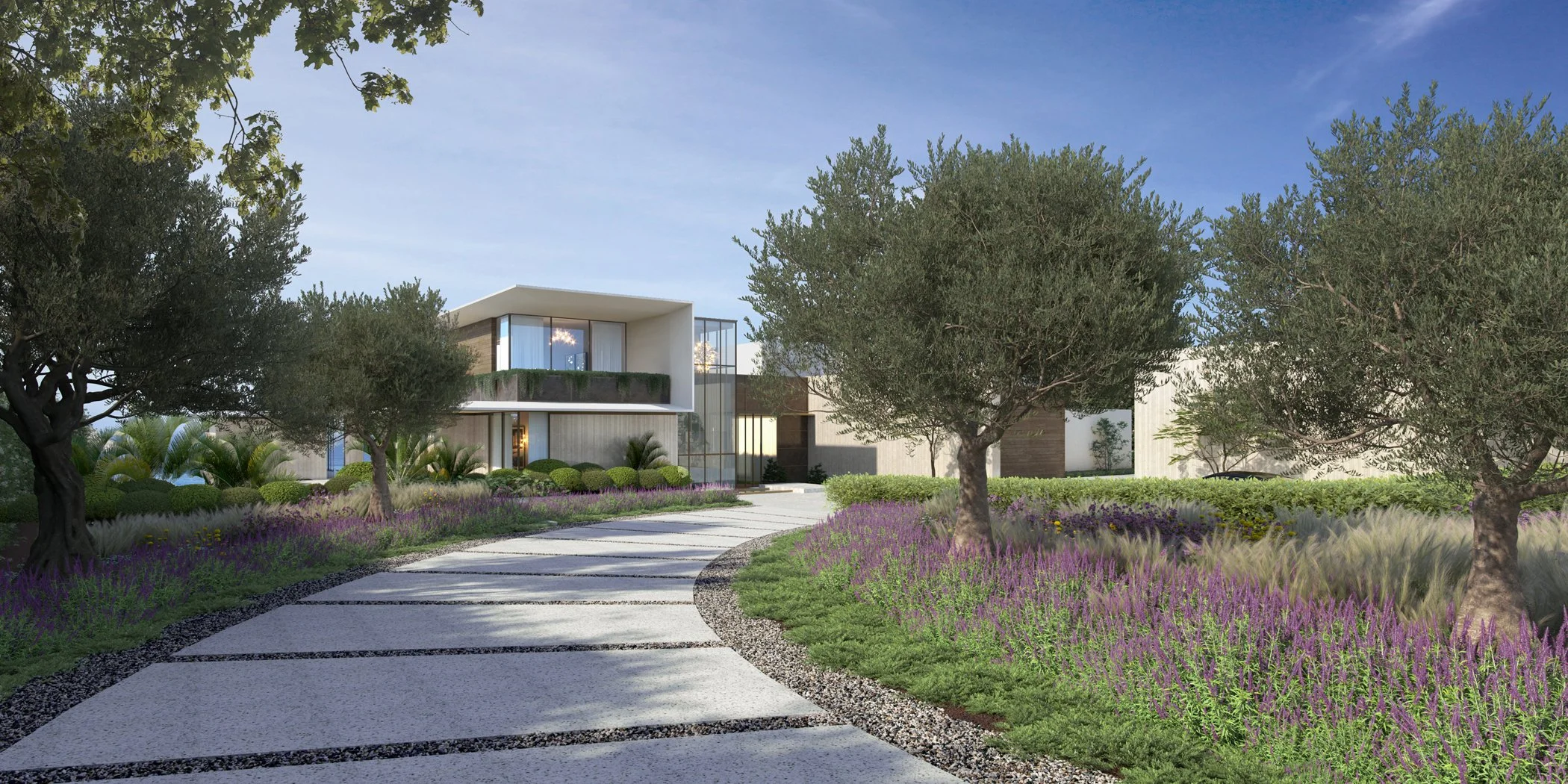 Modern house exterior with lush landscaping, featuring trees, bushes, grass, and a curved stone pathway.