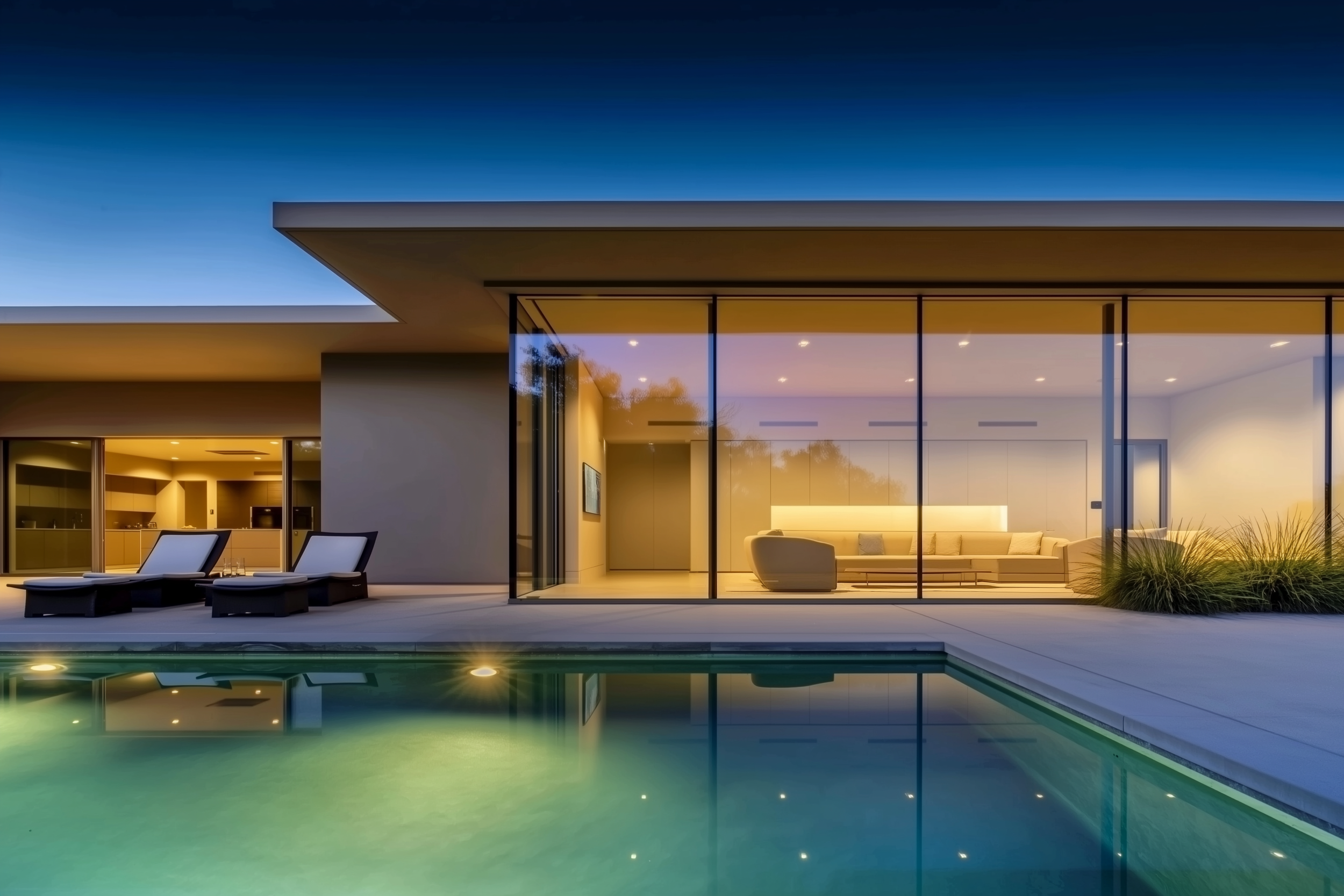 Modern house with floor-to-ceiling glass windows, a reflection of a living room with a couch and chairs, and a pool with lounge chairs in the foreground, at twilight.