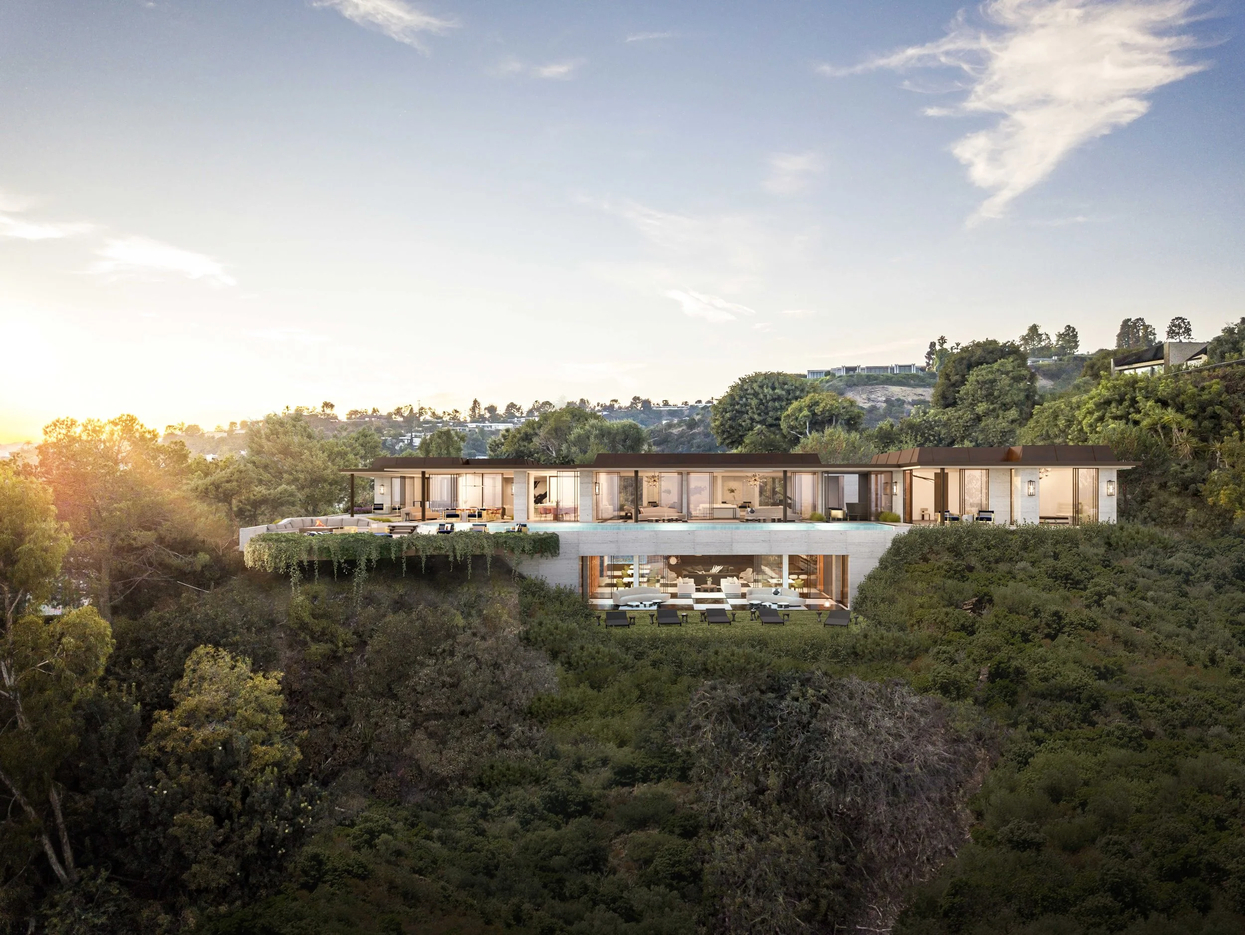 Modern hillside residence with floor-to-ceiling glass windows, expansive terraces, and lush greenery, blending seamlessly into the surrounding landscape with a multi-level design and panoramic views at sunrise.