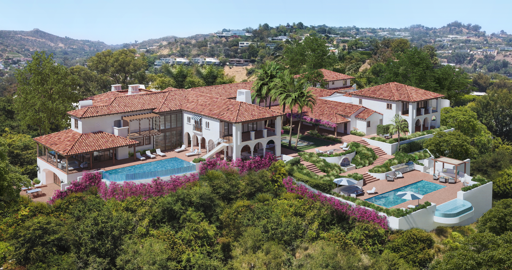 Luxury villa with red tiled roofs, swimming pool, and lush green surroundings overlooking hilly terrain.