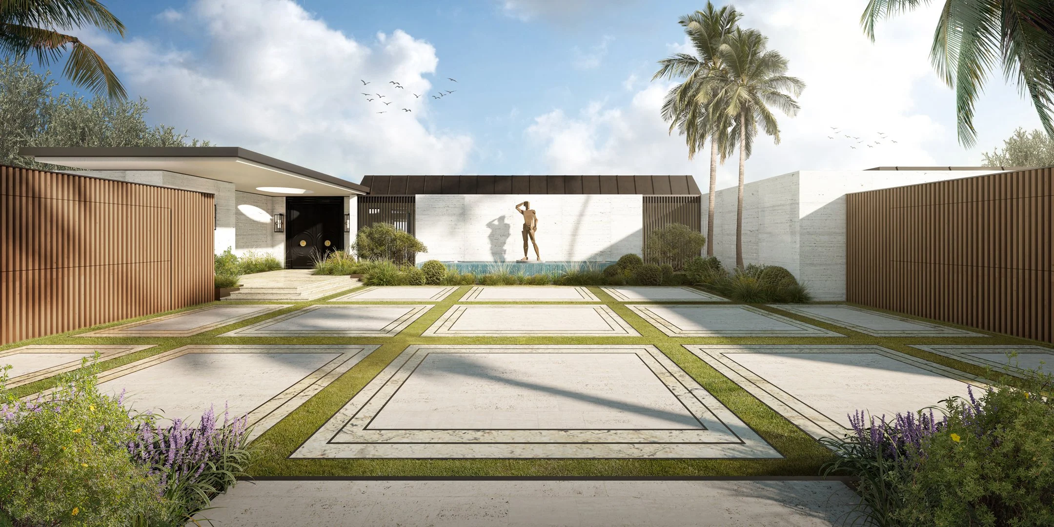 Modern luxury home entrance with a geometric patterned driveway, palm trees, lush landscaping, and a central water feature with a bronze sculpture against a minimalist facade.